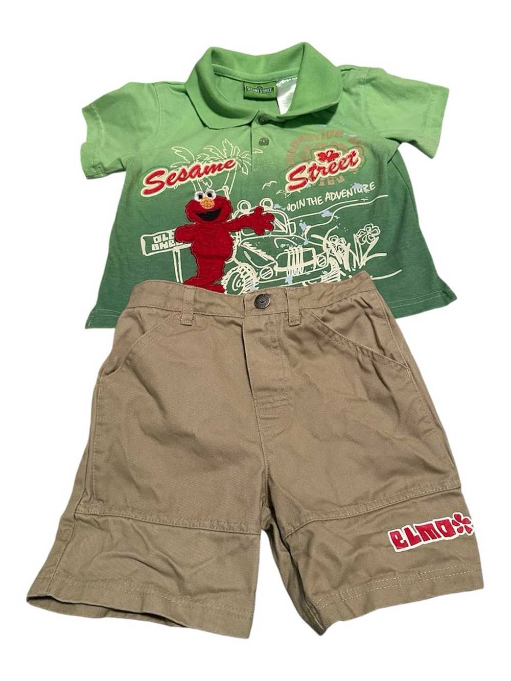 Sesame Street Elmo Matching Set Included Green Polo with Tan Shorts- Size 2T